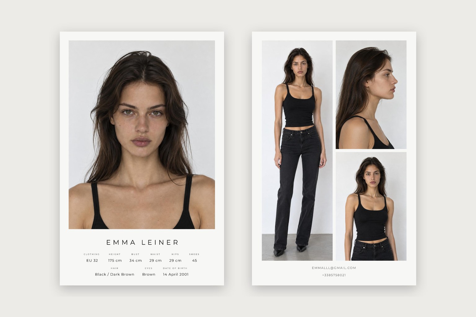 Mockup of a double-sided model comp card with portrait, measurements and photographs