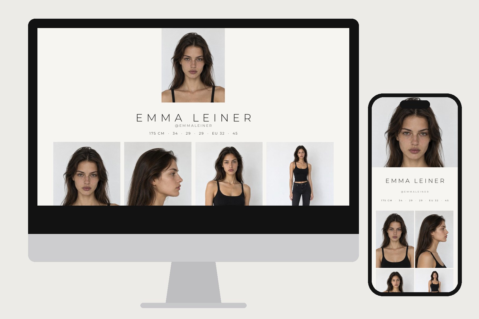Mockup of a personal modelling portfolio website on a monitor and phone, with measurements and gallery